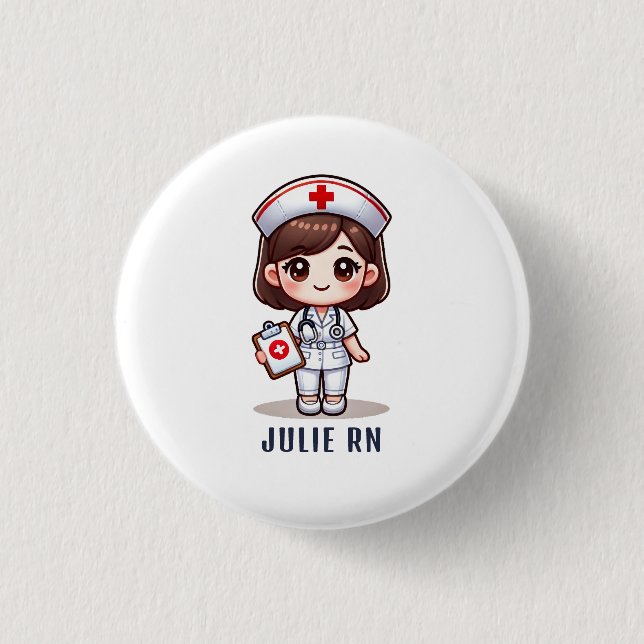 Cute Manga Brunette Nurse Caricature Personalized Button (Front)