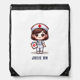 Cute Manga Brunette Nurse Caricature Personalized Drawstring Bag