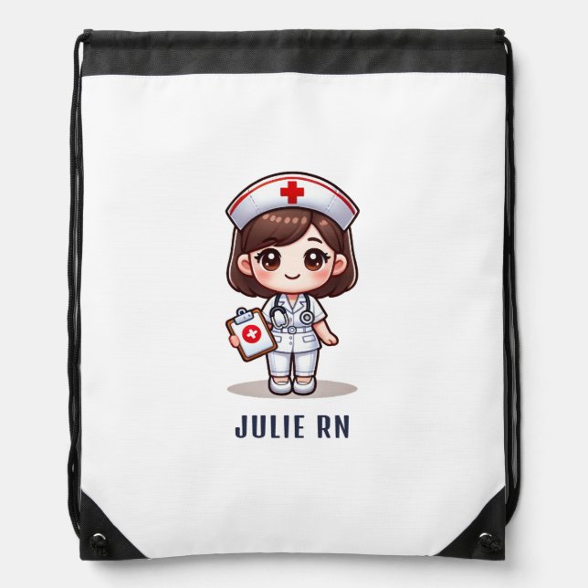 Cute Manga Brunette Nurse Caricature Personalized Drawstring Bag (Front)