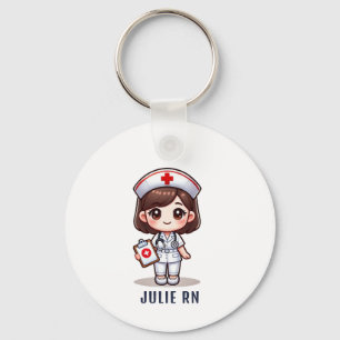 Cute Manga Brunette Nurse Caricature Personalized Keychain