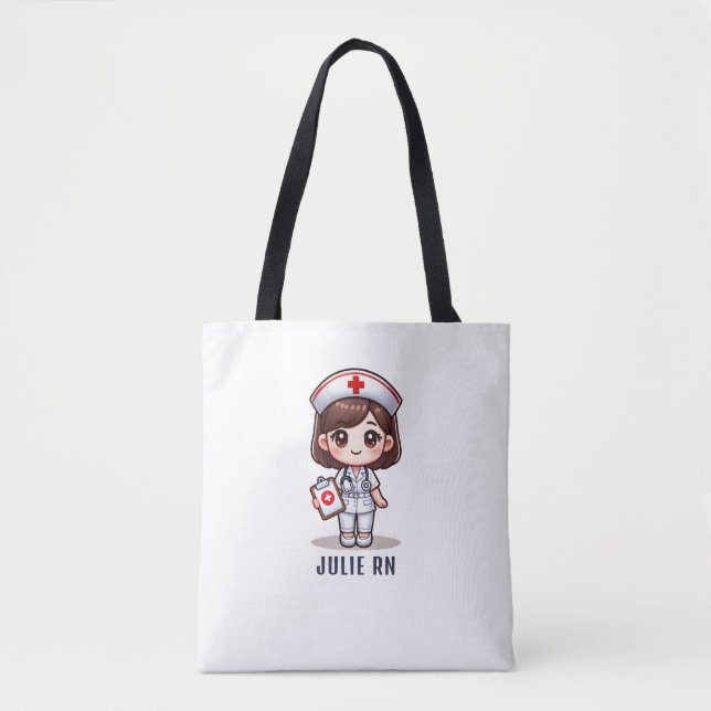 Cute Manga Brunette Nurse Caricature Personalized Tote Bag (Front)