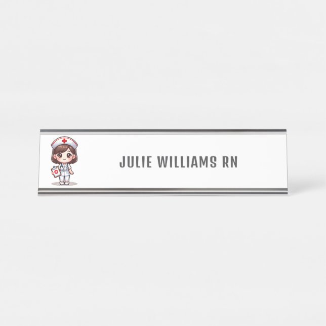 Cute Manga Brunette Nurse Personalized Desk Name Plate (Front)