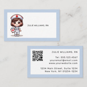 Cute Manga Nurse Brown Hair Brown Eye Blue QR Code Business Card