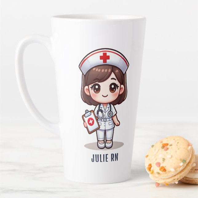 Cute Manga Nurse Brunette Brown Eyes Custom Latte Mug (In Situ)