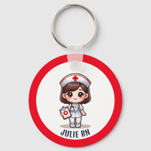 Cute Manga Nurse Brunette Caricature Custom Keychain