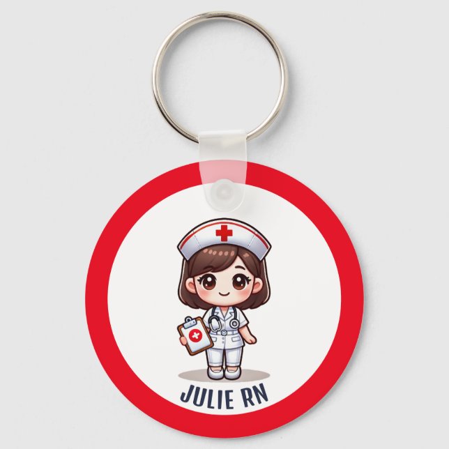 Cute Manga Nurse Brunette Caricature Custom Keychain (Front)