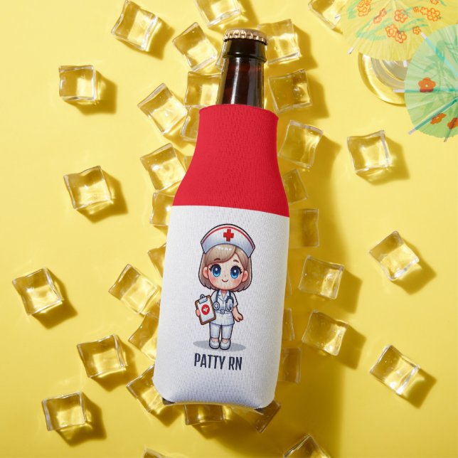 Cute Manga Nurse with Blonde Hair Blue Eyes Custom Bottle Cooler (In Situ Summer)