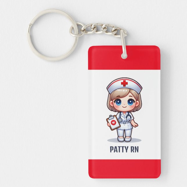 Cute Manga Nurse with Blonde Hair Blue Eyes Custom Keychain (Front)