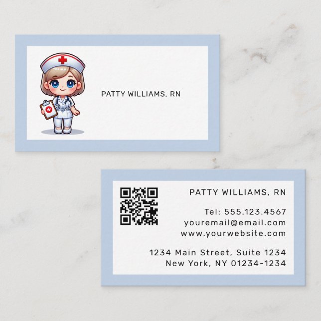 Cute Manga Nurse with Blonde Hair QR Code Business Card (Front/Back)