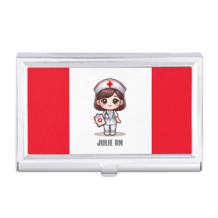 Cute Manga Nurse with Brown Hair Brown Eyes Custom Business Card Case