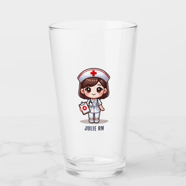 Cute Manga Nurse with Brown Hair Brown Eyes Custom Glass (Front)