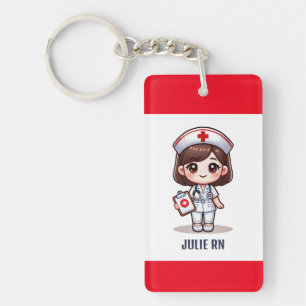 Cute Manga Nurse with Brown Hair Brown Eyes Custom Keychain