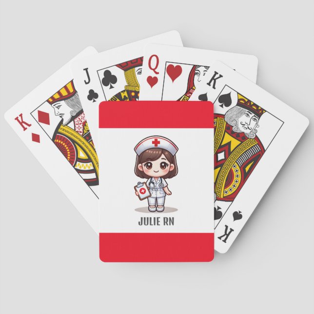 Cute Manga Nurse with Brown Hair Brown Eyes Custom Poker Cards (Back)