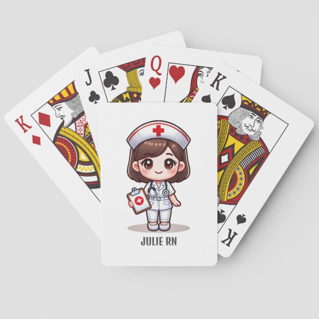 Cute Manga Nurse with Brown Hair Brown Eyes Custom Poker Cards (Back)