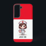 Cute Manga Nurse with Brown Hair Brown Eyes Custom Samsung Galaxy S22 Case<br><div class="desc">This phone case for nurses features a cute Manga nurse with brown hair and brown eyes wearing a nurses cap and outfit with a name to personalize and red borders. Perfect for a nurse or nursing school graduate. Image generated with AI.</div>