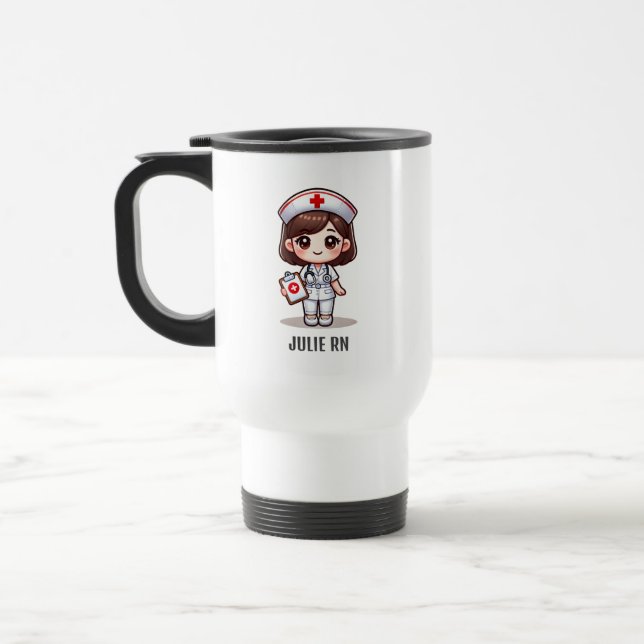 Cute Manga Nurse with Brown Hair Brown Eyes Custom Travel Mug (Left)