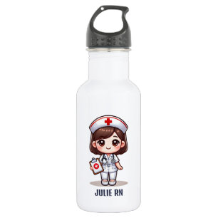 Cute Manga Nurse with Brown Hair Personalized Stainless Steel Water Bottle