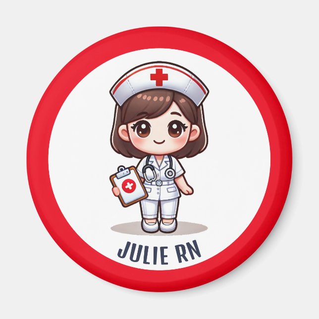 Cute Manga Nurse with Brunette Brown Eyes Custom Magnet (Front)