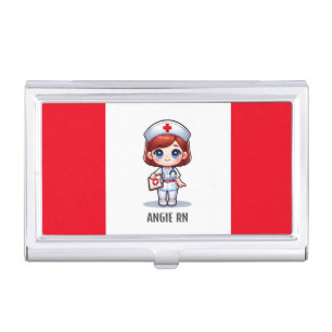 Cute Manga Nurse with Red Hair Blue Eyes Custom Business Card Case