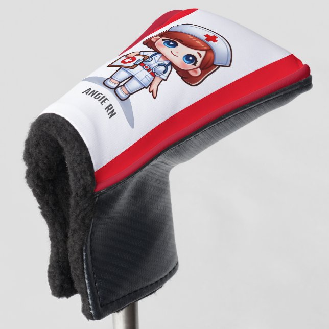 Cute Manga Nurse with Red Hair Blue Eyes Custom Golf Head Cover (3/4 Front)