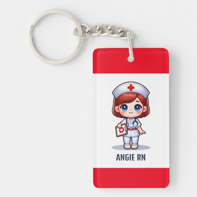 Cute Manga Nurse with Red Hair Blue Eyes Custom Keychain (Front)