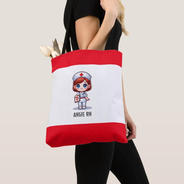 Cute Manga Nurse with Red Hair Blue Eyes Custom Tote Bag (Close Up)