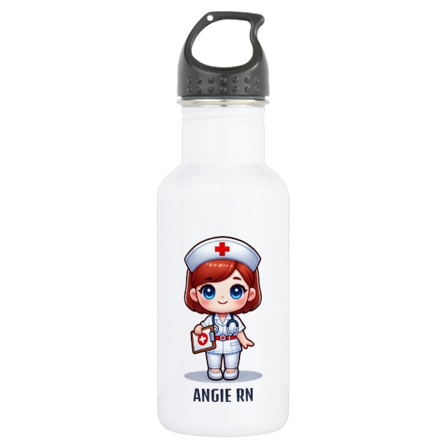 Cute Manga Nurse with Red Hair Personalized Stainless Steel Water Bottle (Front)