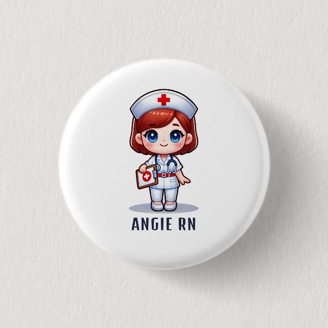 Cute Manga Redhead Nurse Caricature Personalized Button (Front)