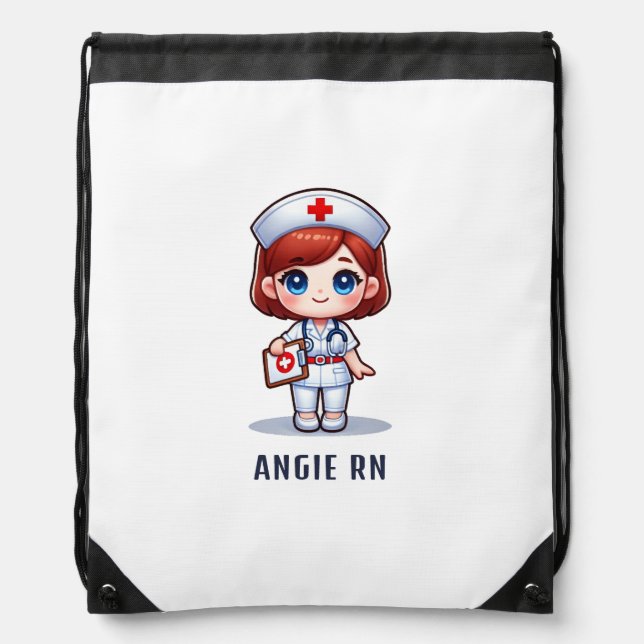 Cute Manga Redhead Nurse Caricature Personalized Drawstring Bag (Front)