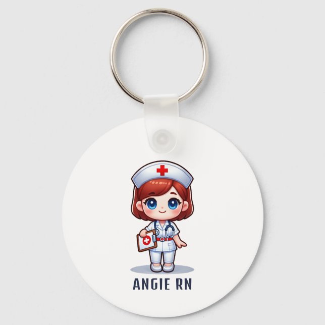 Cute Manga Redhead Nurse Caricature Personalized Keychain (Front)