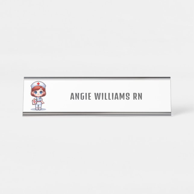 Cute Manga Redhead Nurse Personalized Desk Name Plate (Front)