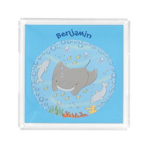 Cute manta ray and bubbles cartoon illustration acrylic tray