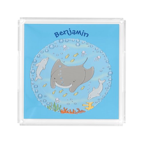 Cute manta ray and bubbles cartoon illustration acrylic tray