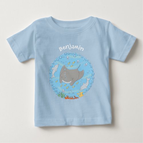 Cute manta ray and bubbles cartoon illustration baby T_Shirt