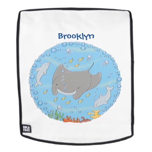 Cute manta ray and bubbles cartoon illustration backpack