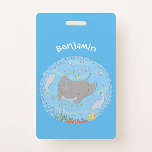 Cute manta ray and bubbles cartoon illustration badge