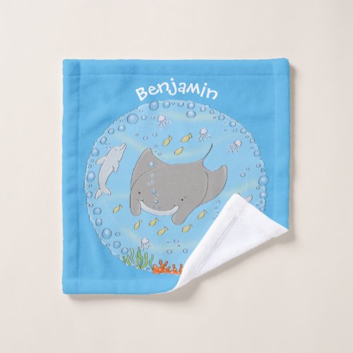 Cute manta ray and bubbles cartoon illustration bath towel set