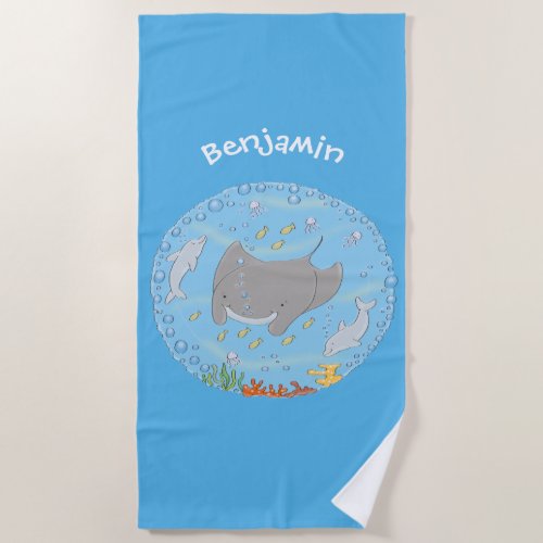 Cute manta ray and bubbles cartoon illustration beach towel