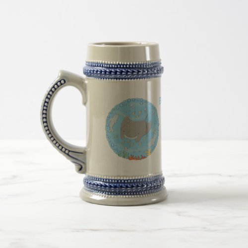 Cute manta ray and bubbles cartoon illustration beer stein