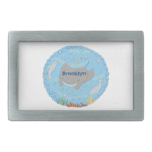 Cute manta ray and bubbles cartoon illustration belt buckle