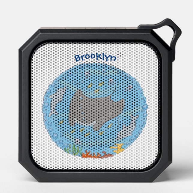 Cute manta ray and bubbles cartoon illustration bluetooth speaker (Front)
