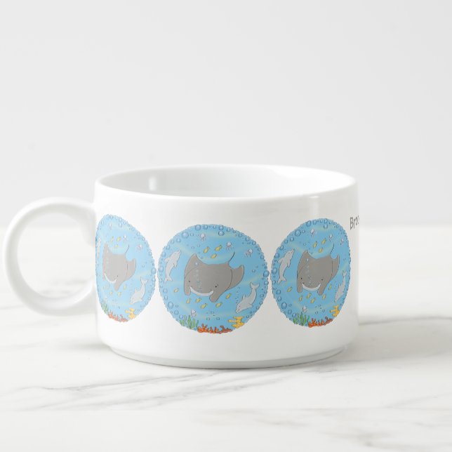 Cute manta ray and bubbles cartoon illustration bowl (Right)