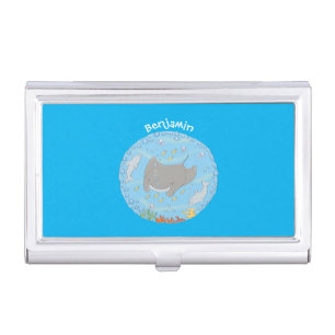 Cute manta ray and bubbles cartoon illustration business card case