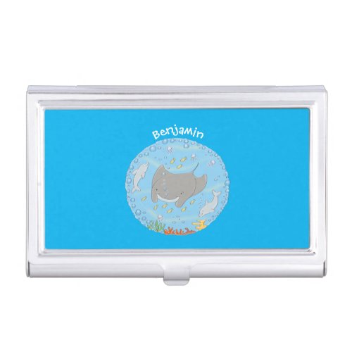 Cute manta ray and bubbles cartoon illustration business card case