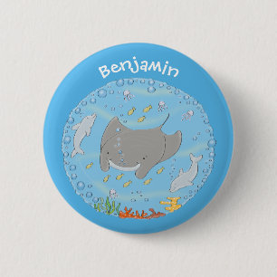 Cute manta ray and bubbles cartoon illustration button