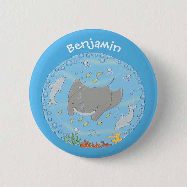 Cute manta ray and bubbles cartoon illustration button (Front)