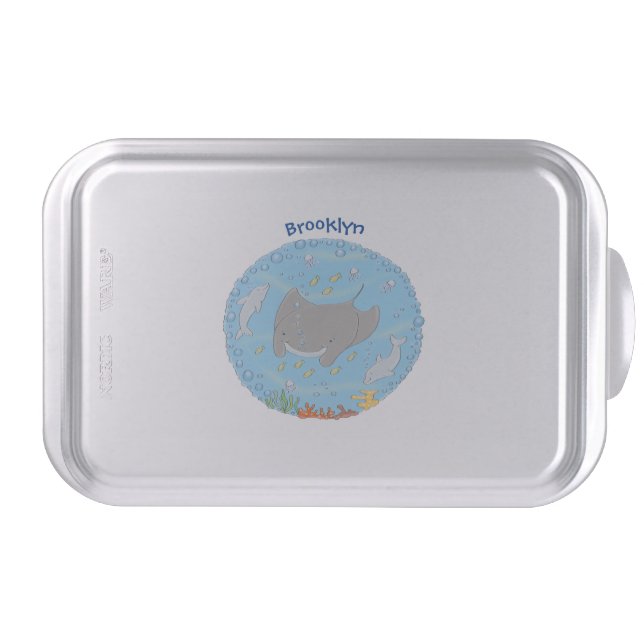 Cute manta ray and bubbles cartoon illustration cake pan (Front)