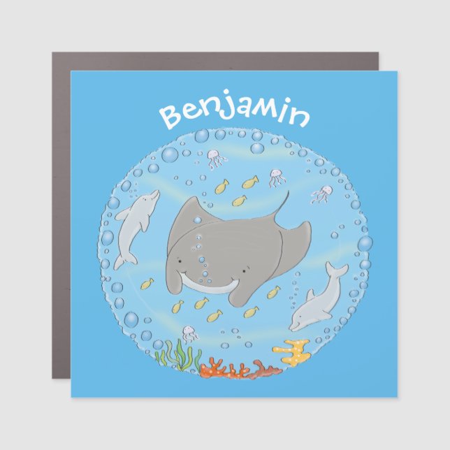 Cute manta ray and bubbles cartoon illustration car magnet (Front)