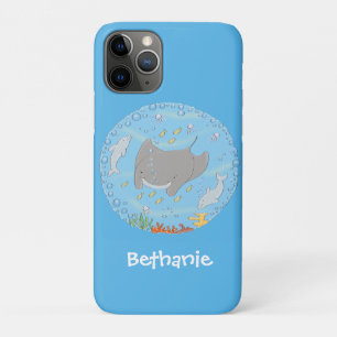 Cute manta ray and bubbles cartoon illustration iPhone 11 pro case