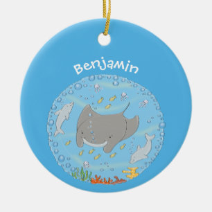 Cute manta ray and bubbles cartoon illustration ceramic ornament